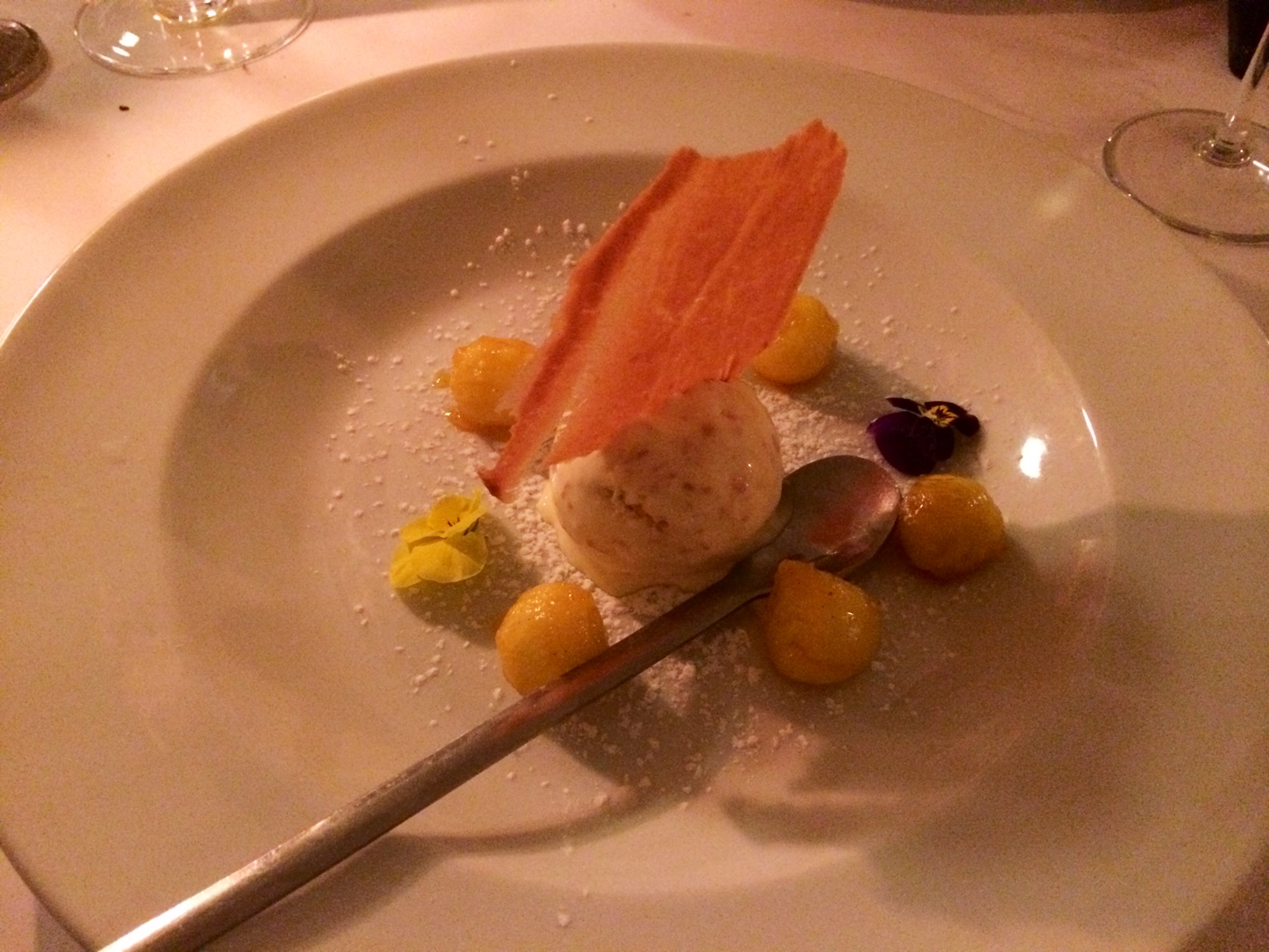 Dessert: glazed pineapple and coconut ice cream